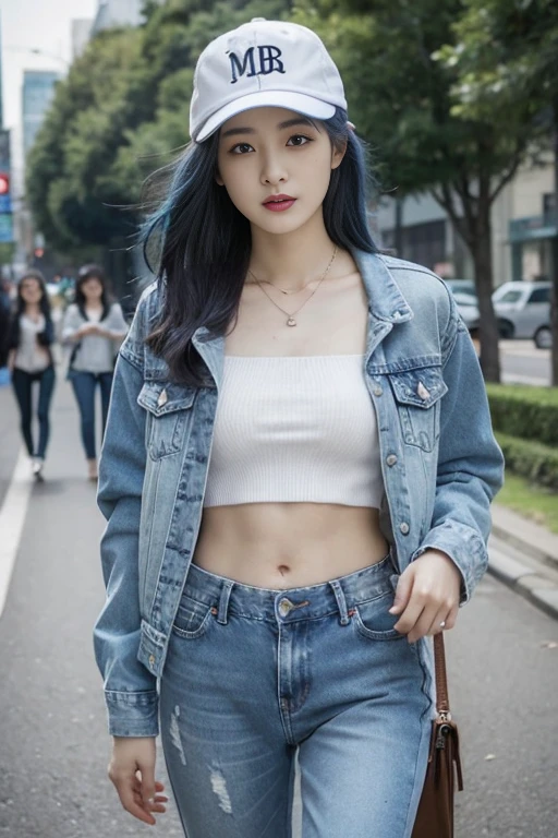 1girl KOREA-CHINE,beautiful, solo, denim, pants, outdoors, blue hair, jeans, jewelry, bomber jacket, long hair, necklace, hat, torn shirt, belly, torn pants, building, navel, day, looking at viewer , sitting, baseball cap, realistic, open clothes, open lips, open jacket, trees, crop top, city, long sleeve, strapless, ripped jeans, clothing writing