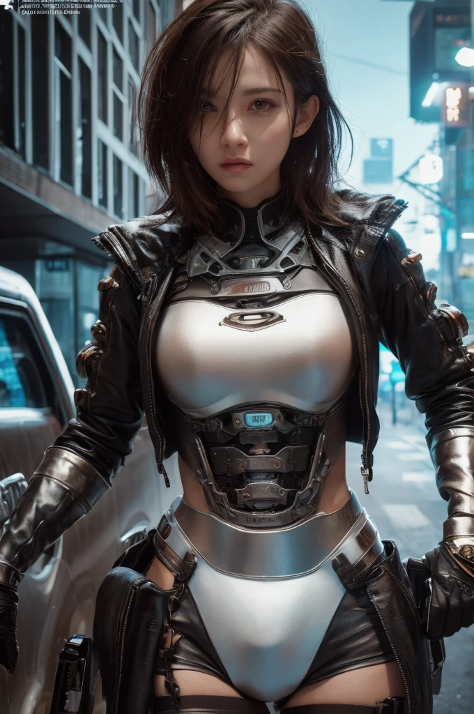 a cyberpunk girl in the wild, black, erotic, sexy, metal, silver, brown, copper, wearing armor, goggles, punk, detailed face and eyes, intricate mechanical details, neon lights, dystopian city background, (best quality,4k,8k,highres,masterpiece:1.2),ultra-detailed,(realistic,photorealistic,photo-realistic:1.37),cinematic lighting,dramatic colors,moody atmosphere