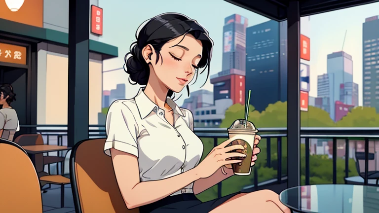 Beautiful woman in her 30s with black hair up is sitting with headphones on the cafe terrace. Looking down, eyes closed, LOFI girl, alone in the room, blouse, relaxing mood, cozy, only five fingers, Tokyo cityscape, Starbucks