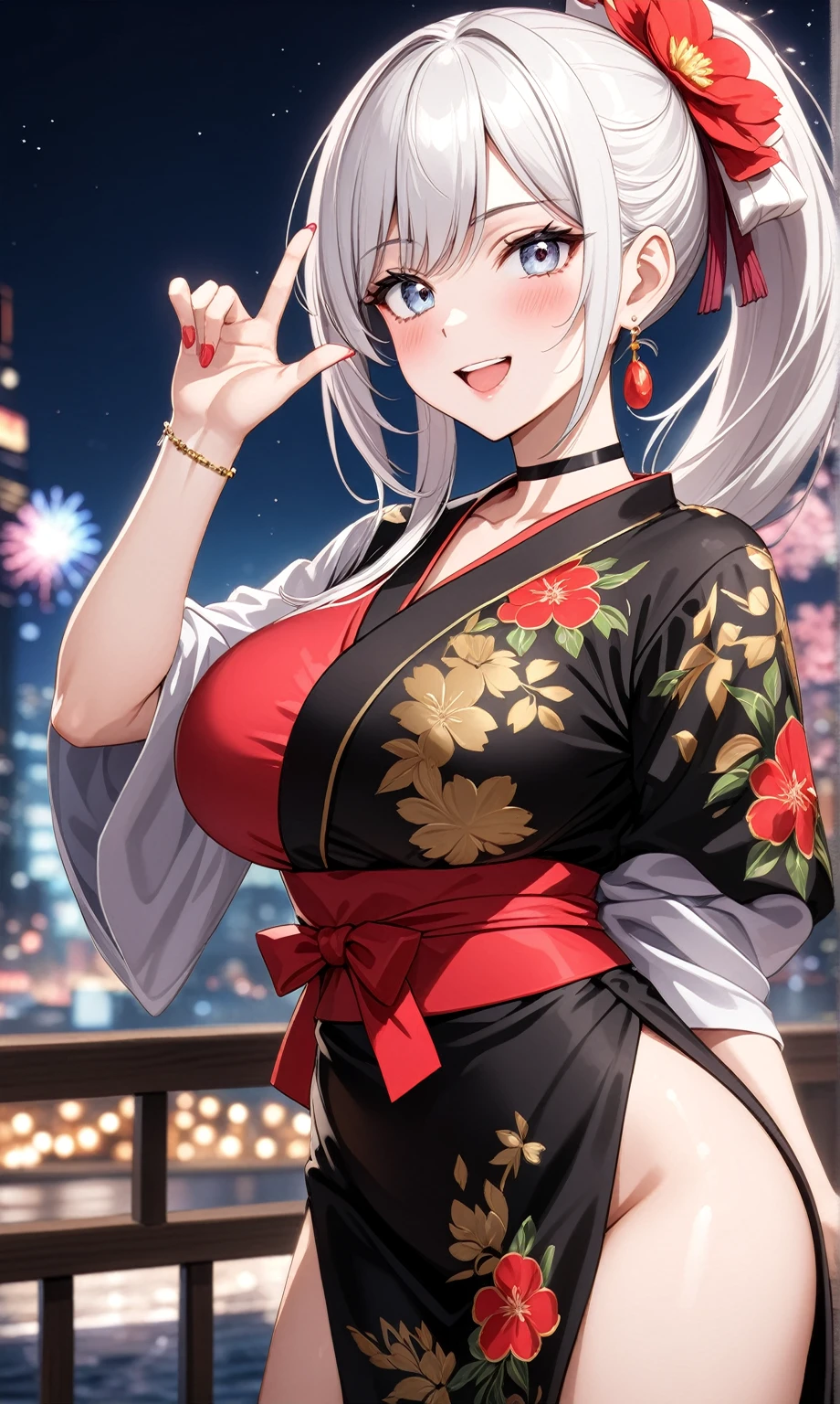 ((one personの女性)), Beautiful Face,((Wink:1.9)),((a woman making a cute hand sign. She is making a peace sign with one hand and covering one eye with it)),(Bright red cheeks:1.4),Laughing embarrassedly,Laughing with your mouth open,Glossy pink lips,Lighting on the face,night,night景と海が美しい公園,Colorful fireworks,((Anime style background)),masterpiece, highest quality, so beautiful, Latest, Complex details, (Pink long nails),(ring),(bracelet),(choker),AI-generated, Complex,High resolution, highest quality, super high quality,3D Images、View your viewers、3D Images,one person,Long white hair,High Ponytail,(blue eyes),Anime woman posing for a photo, ((Fine grain、Silvery white colorful eyes、Shining Eyes:1.3)),(Squint your eyes:1.1),a hyperRealistic , hyperRealistic , Realistic,Anime woman with long and white hair, Smooth anime CG art, A woman in a colorful kimono with gold embroidery, (Black kimono),Red floral pattern,Long flower hair ornament,Big earrings,Mature Body,(Big Breasts:1.1),Tall,Fine details,Abdominal muscles,Narrow waist,(Zoom in on face:1.1),