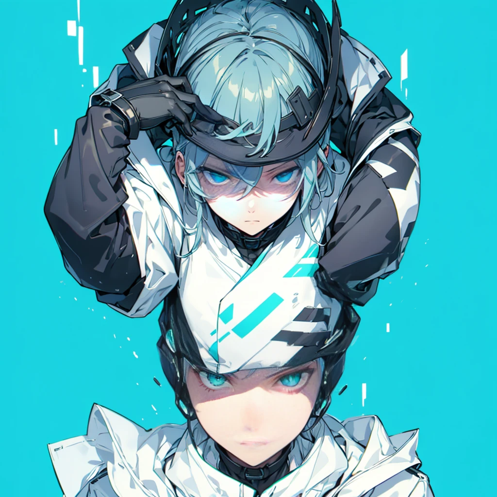 (Tabletop:1.2, highest quality),  [One Girl, Expressionless, Turquoise Eyes, slate gray hair, Half Shortcut,White jacket,The jacket comes off, Leaning forward with hands on knees ,Upper Body]