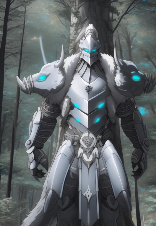 (Platinum_Dragon_Lord_Armor), forest, glowing eyes, armor, plate armor, clothed, clothing, tree, glowing, male, blue eyes, feral, hi res, outside, anthro, mammal, plant, detailed background, front view, digital media (artwork), pauldron, countershading, white fur