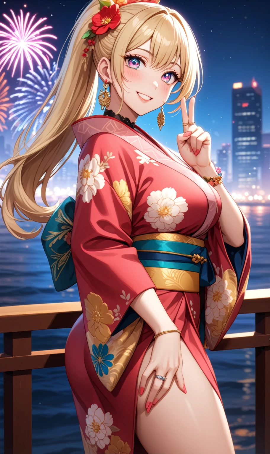 ((one personの女性)), Beautiful Face,Laughing embarrassedly,((Wink:2.0)),laugh with a big mouth,turn bright red,Glossy pink lips,night,rooftop,Festive decorations,You can see the ocean, firework,((Anime style background)),masterpiece, highest quality, so beautiful, Latest, Complex details, (Pink long nails),AI-generated, Complex,High resolution, highest quality, super high quality,3D Images、View your viewers、3D Images,one person,Long Blonde Hair,High Ponytail,blue eyes,Anime woman posing for a photo, (Fine grain,Silvery white colorful eyes,Shining Eyes:1.3),(Squint your eyes:1.1),a hyperRealistic , hyperRealistic , Realistic,Blonde anime woman with long hair, Smooth anime CG art, A woman in a colorful kimono with gold embroidery, (Pink kimono),Red floral pattern,Long flower hair ornament,Big earrings,(ring),(Flower Breath Red),(Big Breasts:1.1),Mature Body,Tall,Big Ass,Fine details,Tight waist,Abdominal muscles,(Face close up:1.3),(Turn around),Shooting from behind