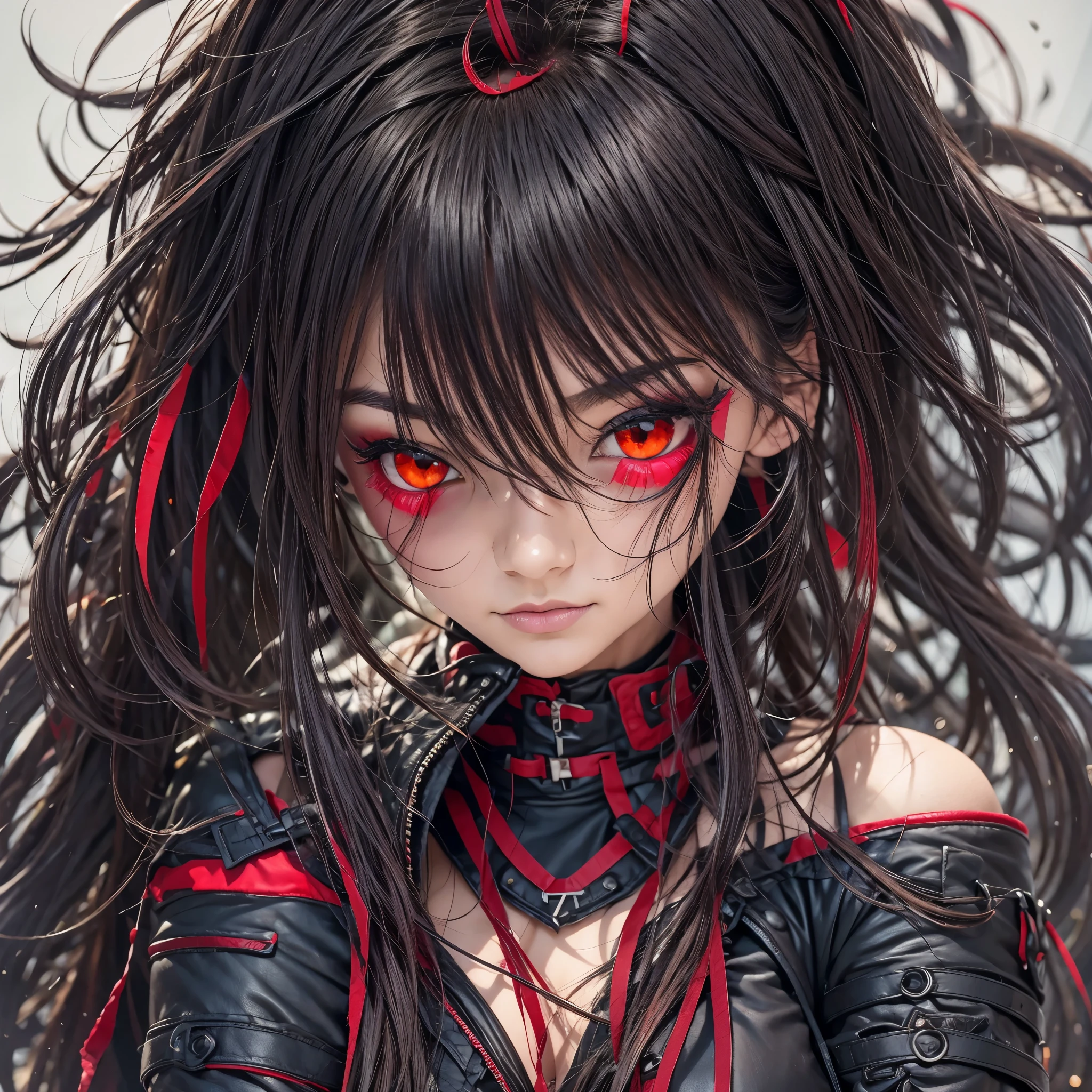 best quality, intricate details, chromatic aberration, 1girl, long hair, black hair, messy hair, red highlights, hair over one eye, red eyes, sharp eyes, choker,, , armbinder, arms behind back, bound arms,
