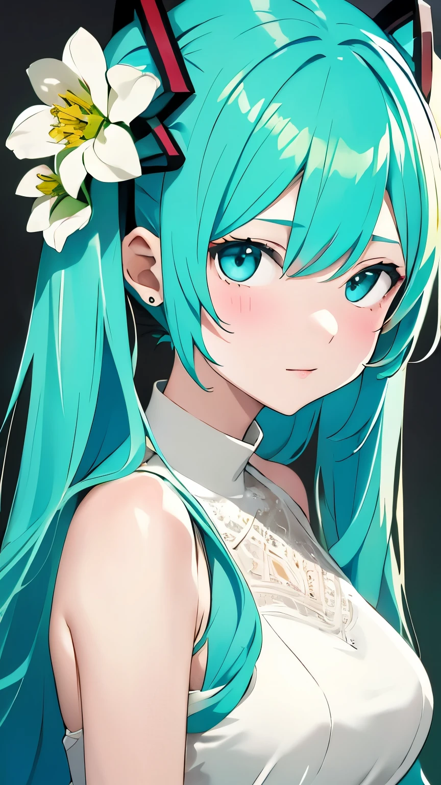 Beautiful woman、Hatsune Miku、flower arrangement、Wabi-sabi art、かわいいface、Very detailed_face_eye、Very detailedなface、White Dress、black、gray、Light blue tones、parchment、抽象的flower arrangement、Three big flowers、Surreal art、silence、wallpaper、highest quality、masterpiece、High resolution、８ｋ