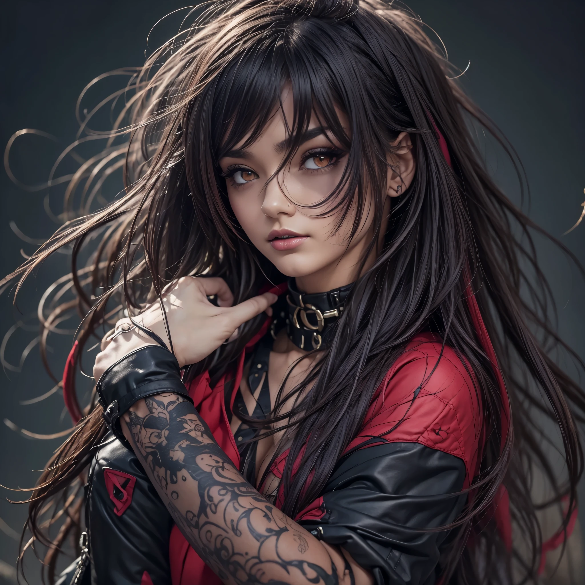 best quality, intricate details, chromatic aberration, 1girl, long hair, black hair, messy hair, red highlights, hair over one eye, red eyes, sharp eyes, choker,, , armbinder, arms behind back, bound arms,  