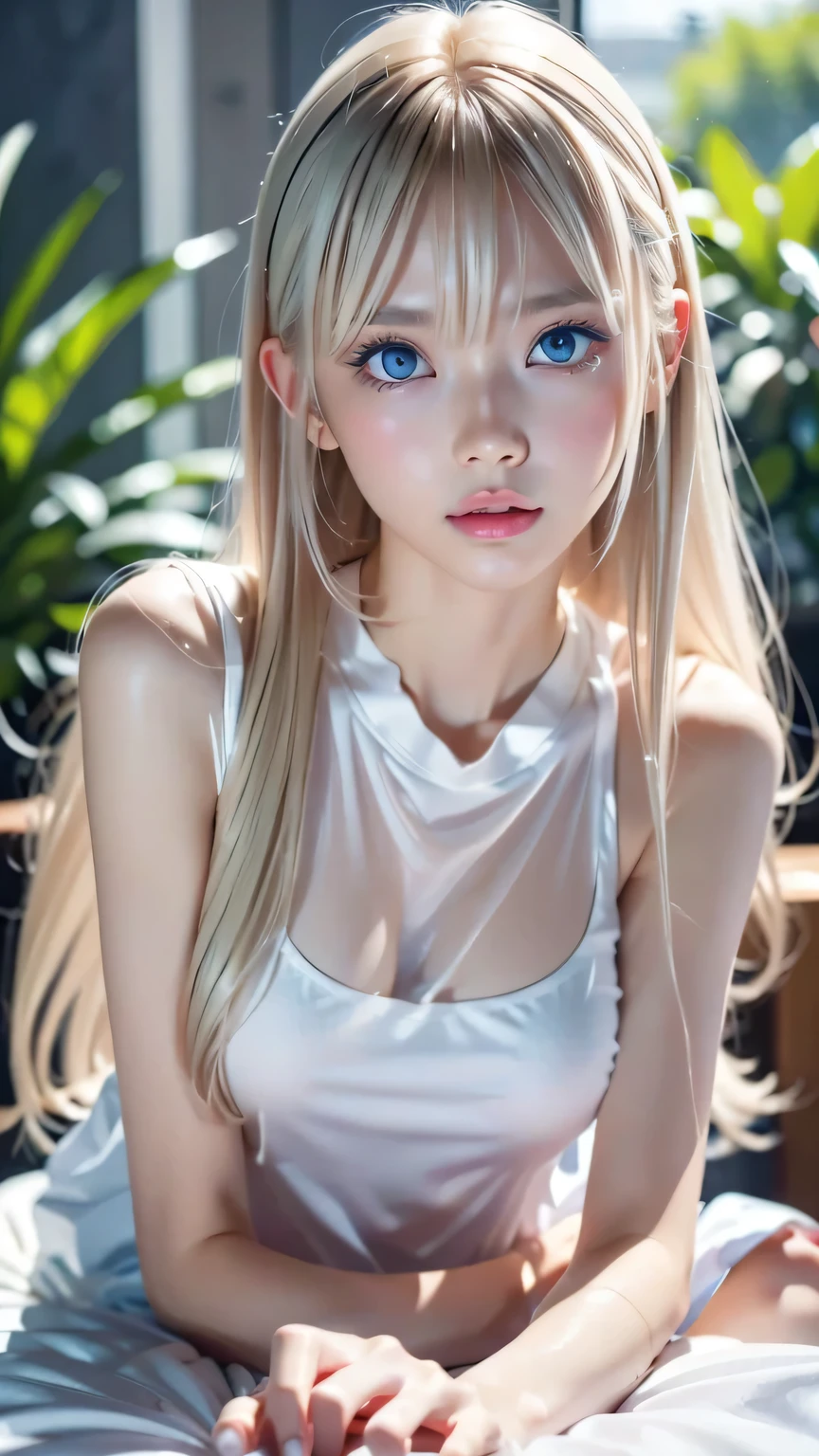 Platinum blonde fine hair、Super long straight hair、顔とBangs between the eyes、Bangs between the eyes、Big bright blue eyes、Transparent white and wet nightgown、Nordic youth、Perfect body、White Muscle、Shiny skin、Young and beautiful skin、Perfect beautiful little face、Bright makeup、Pale pink lips、Bright expression、1. 16-year-old girl、Buttonless shirt、lipstick、Deceptive advertising、{steams}、Viewer Vision、Golden Hour Lighting、Bokeh Atmosphere Perspective、detailed、Movie Light、Intricate details、High resolution、Detailed features of the face design、detailed、Clear Focus、Smoothness、aesthetics、printing、Octane、masterpiece、{{}}