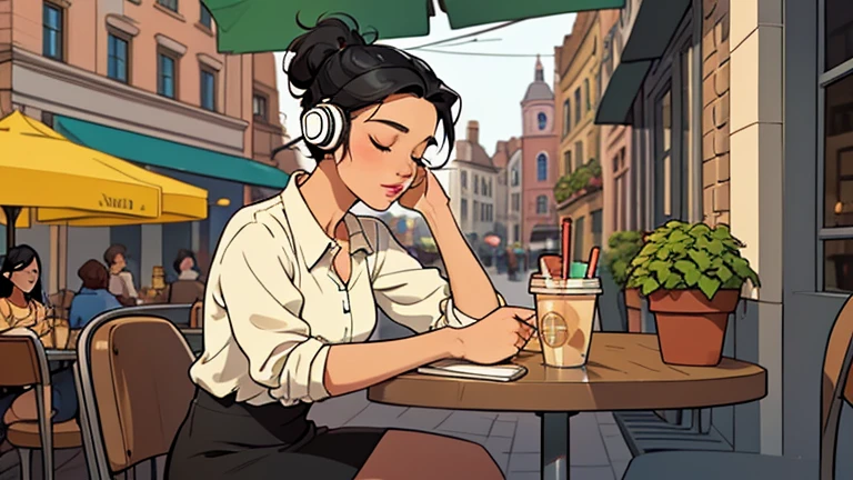 Beautiful woman in her 30s with black hair up is sitting with headphones on the cafe terrace. Looking down, eyes closed, LOFI girl, alone in the room, blouse, relaxing mood, cozy, only five fingers, Brick-built streetscape, Starbucks