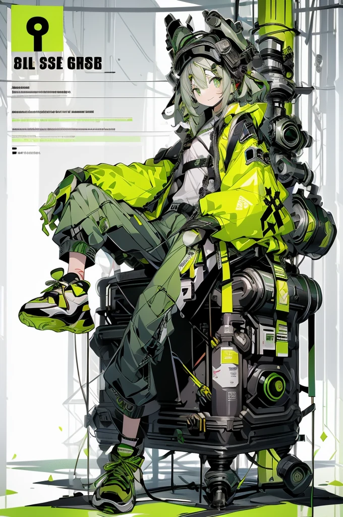 ((cute)), One girl, 一人in, Looking_in_Audience, smile, long green_hair, Simple_background, high detailed green eyes, full_body,Sitting, woman_concentrated, Open_Jacket, green_Jacket, headgear, green shorts, sneakers, gray_shirt, gloves, bag