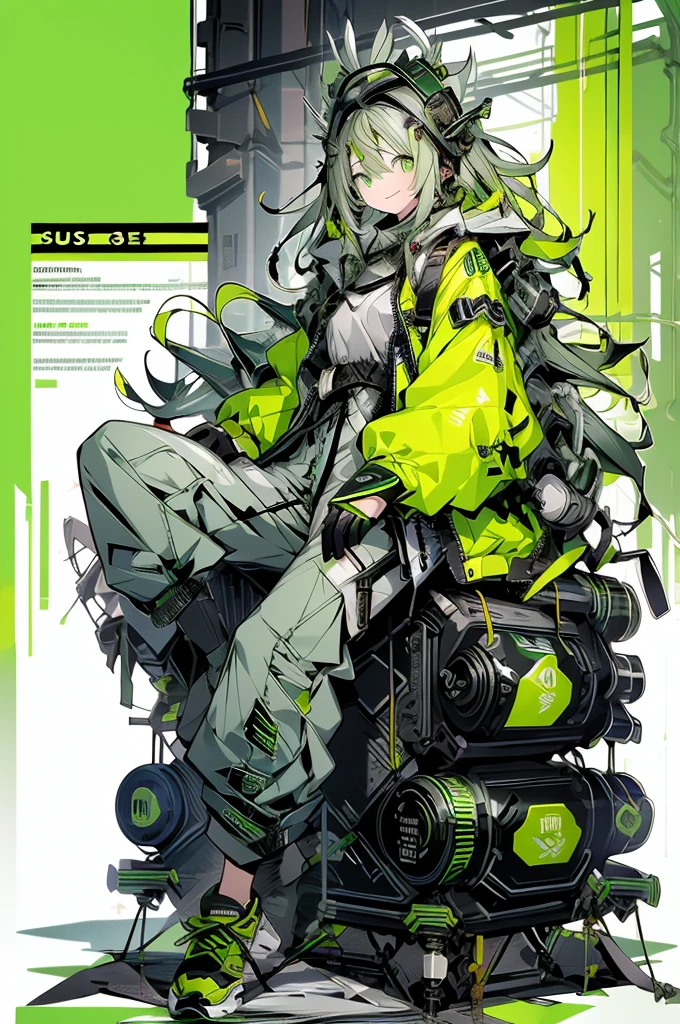 ((cute)), One girl, 一人in, Looking_in_Audience, smile, long green_hair, Simple_background, high detailed green eyes, full_body,Sitting, woman_concentrated, Open_Jacket, green_Jacket, headgear, green shorts, sneakers, gray_shirt, gloves, bag