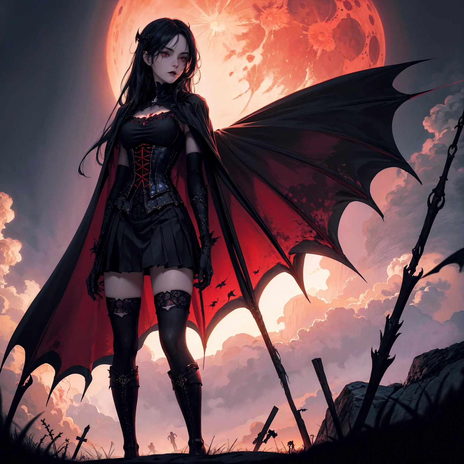 best quality, 4k, high resolution, masterpiece:1.2, Very detailed, actual:1.37, Mood lighting, Vampire girl wearing a high collar bat cape, Wearing a Gothic corset that shows a little skin above the chest, Wearing a gothic skirt and knee-high socks, Dangerous sneer, Black Hair, Standing, Face facing the camera, Crucified, Pitch black sky, Blood-red moon, strange atmosphere, Gothic style, Unforgettable beauty, Dramatic shadows, Ethereal Light, Mysterious atmosphere.