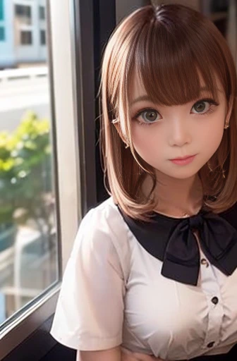 Window seat at a coffee shop in the evening、A girl looking outside、Bob Hair、Brown Hair、Medium breast、White blouse、Black mini skirt、Iced coffee on the table、A face waiting for someone、Accurate Face、Beautiful face、Detailed Background、masterpiece、Highest quality、16k、Raw photo quality、