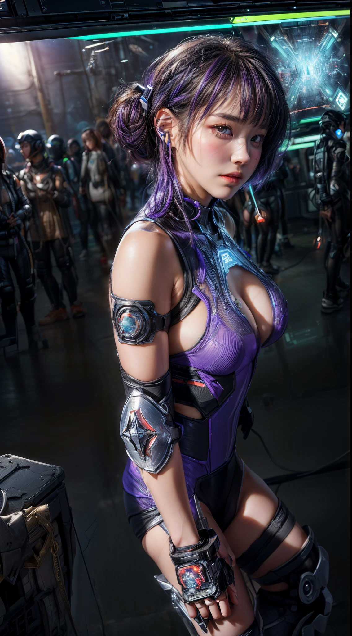 (((Different angles of view:1.5)))、(((Mr.々A pose:1.2)))、((barcode))、(((Different actions:1.5)))、(smile)、Mature Woman、masterpiece,highest quality,Very detailed,(((Big Breasts)))、((Art Movement:1.2))、bite、(Abdominal muscles)、((Purple hair))、((((Trendy hairstyles)))), ((Near future)),((sf)),Machinery Parts、((white, Ultra-tight plug suit with detailed decoration))、(((Shingard、Elbow Guard、Knee guard、Chest Guard、Shoulder guard、protector)))、Very beautiful woman、headset、(((Glowing Electronic Suit)))、Slender women、((cyber punk))、(((Digital Metaverse)))、((Dark virtual space))、((Neon color))、(Lots of monitors)、((Fluorescent lights in a server room))、((Lots of electronics))、(((Connect with code)))、(Detailed face)、Realistic Skin、((Delicate photo)),(少女のmasterpiece、Photo Details:1.25), (highest quality:1.6), (超A high resolution:1.5), (Realistic:1.75), 8K resolution, Canon EOS R5, 50mm, Absurd, Very detailed,Cinema Lighting,Browsing Caution:0.4、((Powered Suit))