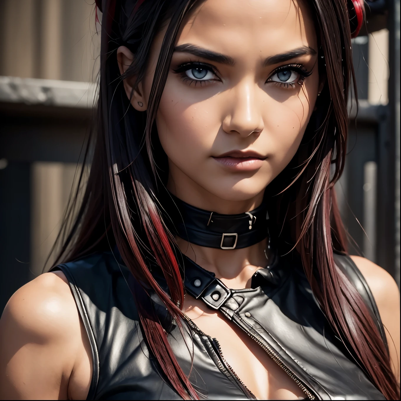 A photorealistic, highly detailed portrait of a young woman with long, messy black hair with red highlights, her hair covering one eye, sharp red eyes, wearing a choker and an armbinder with her arms bound behind her back, dramatic chromatic aberration effects, masterpiece, 8k, ultra-detailed, realistic, vivid colors, studio lighting, physically-based rendering