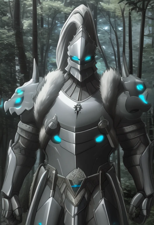 (Platinum_Dragon_Lord_Armor), forest, glowing eyes, armor, plate armor, clothed, clothing, tree, glowing, male, blue eyes, feral, hi res, outside, anthro, mammal, plant, detailed background, front view, digital media (artwork), pauldron, countershading, white fur 