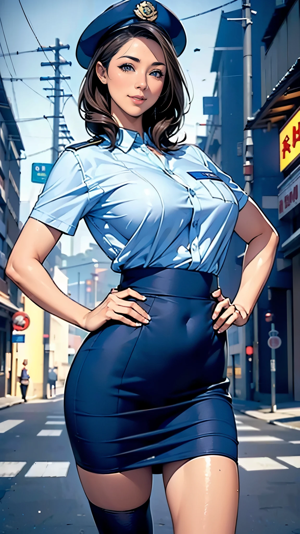 (masterpiece:1.2, highest quality), (Realistic, photoRealistic:1.4),Beautiful illustrations,(Natural Side Lighting, Cinema Lighting),1 female,Japanese,Mature Woman,Female police officer on patrol,48 years old,Perfect Face, Symmetrical face, Shiny skin,Random Hairstyles,Big eyes,Sexy Eyes,(smile),(whole body),break((Police Officer Shirt)),((A tight mini skirt made of very thin fabric)),(Police hat),(The background is a street corner:1.5),(((Background Blur:1.5))),((Police uniform)),BREAK(((front:1.5))),(((Place your hands on your hips))),(Beautiful drawing of a hand)