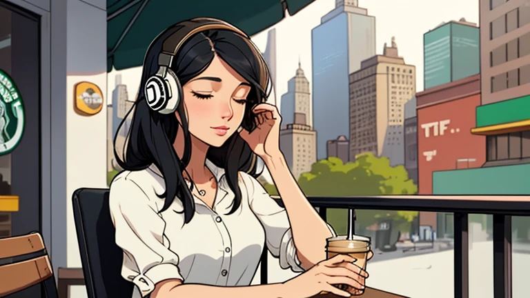 Beautiful woman in her 30s with black hair is sitting with headphones on the cafe terrace. Looking down, eyes closed, LOFI girl, alone in the room, blouse, relaxing mood, cozy, only five fingers, new york, Starbucks