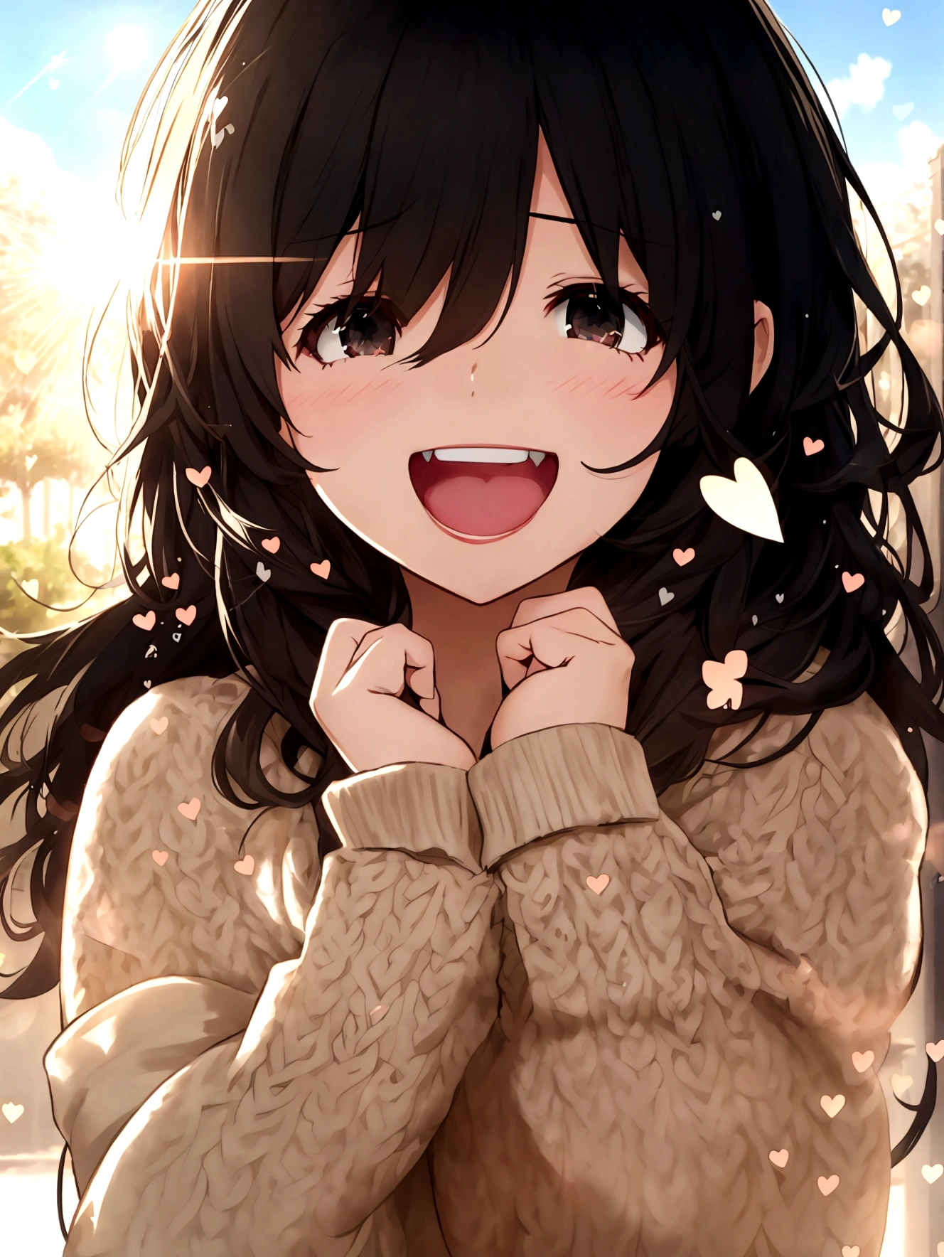 girl with, Black hair, cosy sweater on, Upper body, (great laughter:1.1), (Open mouth:1.1), (Wide open eyes:1.2), Sun glare, Bokeh, depth of fields, Blurry background, light Particle, strong breeze, (Heart particles:1.1), 4K