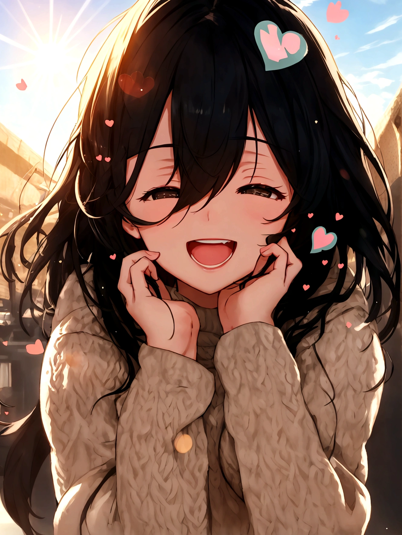 girl with, Black hair, cosy sweater on, Upper body, (great laughter:1.1), (Open mouth:1.1), (Wide open eyes:1.2), Sun glare, Bokeh, depth of fields, Blurry background, light Particle, strong breeze, (Heart particles:1.1), 4K