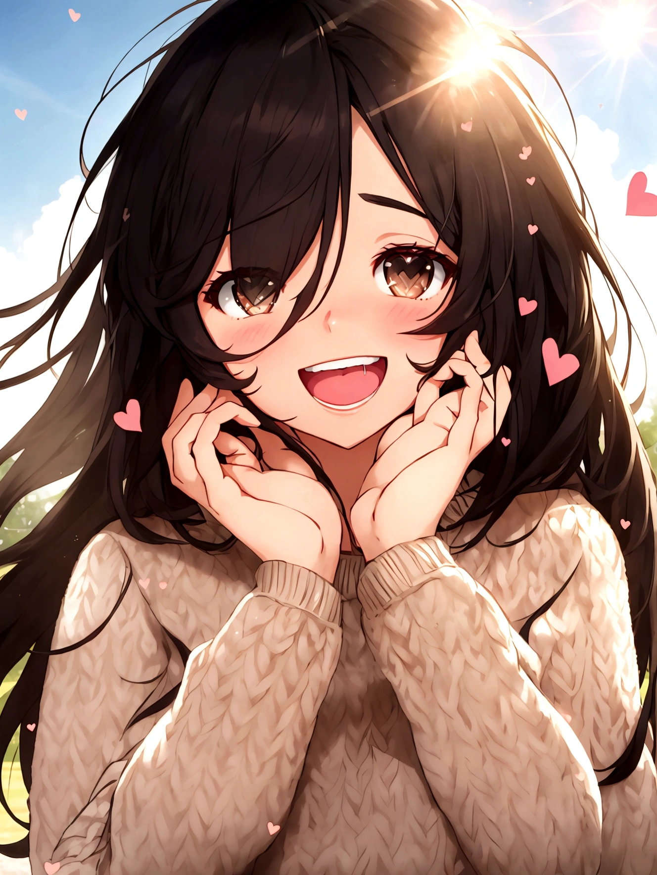 girl with, Black hair, cosy sweater on, Upper body, (great laughter:1.1), (Open mouth:1.1), (Wide open eyes:1.2), Sun glare, Bokeh, depth of fields, Blurry background, light Particle, strong breeze, (Heart particles:1.1), 4K