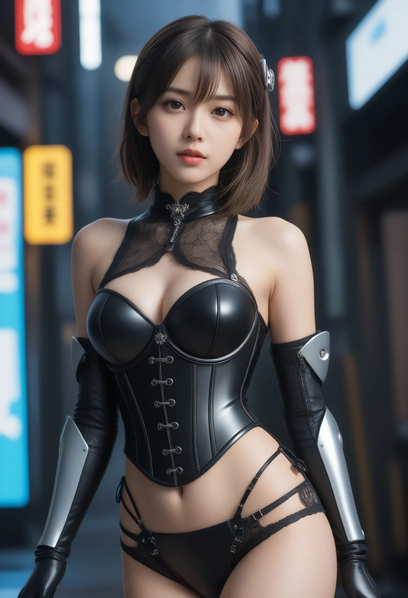 8k, Ultra-high resolution, highest quality, masterpiece, 三分割法によるphotograph,Surreal, photograph, 1 girl, (:1.3), pretty girl, Cute Face, Beautiful eyes in every detail, 細かくdetailedに,masterpiece,, One Girl:1.2, Japan Female Announcer,Cinematic Color Grading Film, dramatic scene, photograph撮影, kuru, artwork, Ultra Grande Angular, walking on the サイバーパンク cityscapes, photographウルトラフィナ, (Cyborg Arm:1.3), ( Leather lace-up corset and panties、garter belt,Shiny黒いシルクストッキング),((Bondage and Gothic Lolita)) ,Center of chest, Better Quality, Ultra-high resolution, Realistic, Volumetric Light, so beautiful, Half Body, Delicate face, Bright eyes, kuru photo, 1 girl, alone, 1 girl, (Herringbone top:1.3), (technology), technology do futuro, Future Scholars, Hologram Augmented Reality, (非常にdetailedな CG 8k ユニティの壁紙), 世界で最も美しいartworkの一つ, professional photograph撮影, Art Station Trends, CGsociety Trend, 複雑なdetailed, High detail, Sharp focus, dramatic, Realistic, , Shiny, (mais high quality:1.3), (Sharp focus:1.5), (Realistic:1.3), (非常にdetailedな肌), (detailedな顔), (非常にdetailedな肌:1.2), (Glowing Skin:1.2), Cyborg Arm, (非常にdetailedな肌 textures:1.15), (detailedな顔), (非常にdetailedな肌:1.2), (Glowing Skin:1.15), Shiny,, Cyberpunk Street, (night:1.2), fog, (rain:1.2), film grain, Shiny, Water reflection, Reel mechanism,Bold Pose,Looking at the audience、beauty,Long neck、Laugh a little、Please close your mouth and laugh、(((Ideal body type))),A-cup small breasts :2,、Portraiture:2、Perfect Anatomy、鮮明なdetailed、detailed、Surreal、Light and shadow,Strong light