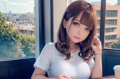 Window seat at a coffee shop in the evening、I can see the sunset from the window、A girl looking outside、Bob Hair、Brown Hair、Medium breast、White blouse、Black mini skirt、Iced coffee on the table、A face waiting for someone、Accurate Face、Beautiful face、Detailed Background、masterpiece、Highest quality、16k、Raw photo quality、