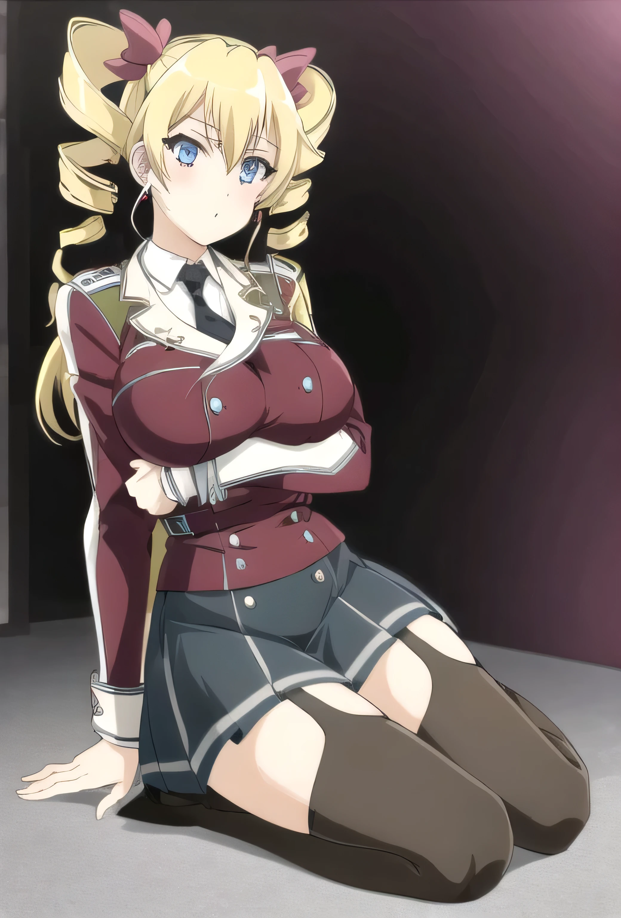 Claire Harvey, drill hair, thighhighs, twin drills, garter straps, boots, long hair, blonde hair, , zettai ryouiki, (full body:1.3), masterpiece, Best Quality,1girl in, (Solo:1.3),(huge-breasted:1)