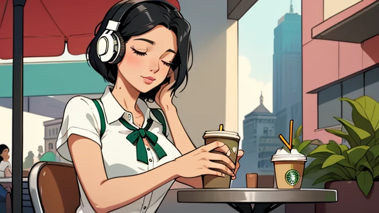Beautiful woman in her 30s with black hair is sitting with headphones on the cafe terrace. Looking down, eyes closed, LOFI girl, alone in the room, blouse, relaxing mood, cozy, only five fingers, new york, Starbucks