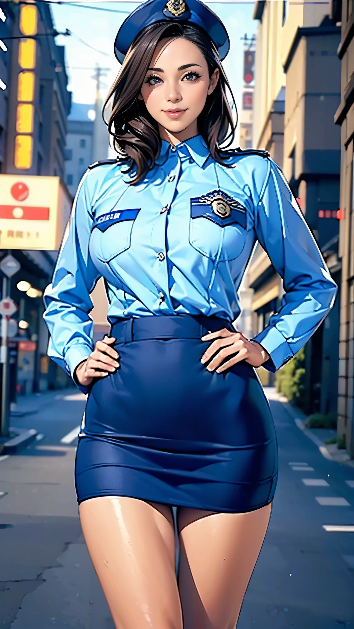 (masterpiece:1.2, highest quality), (Realistic, photoRealistic:1.4),Beautiful illustrations,(Natural Side Lighting, Cinema Lighting),1 female,Japanese,Mature Woman,Female police officer on patrol,48 years old,Perfect Face, Symmetrical face, Shiny skin,Random Hairstyles,Big eyes,Sexy Eyes,(smile),(whole body),break((Police Officer Shirt)),((A tight mini skirt made of very thin fabric)),(Police hat),(The background is a street corner:1.5),(((Background Blur:1.5))),((Police uniform)),BREAK(((front:1.5))),(((Hands on Hips))),(Beautiful drawing of a hand)
