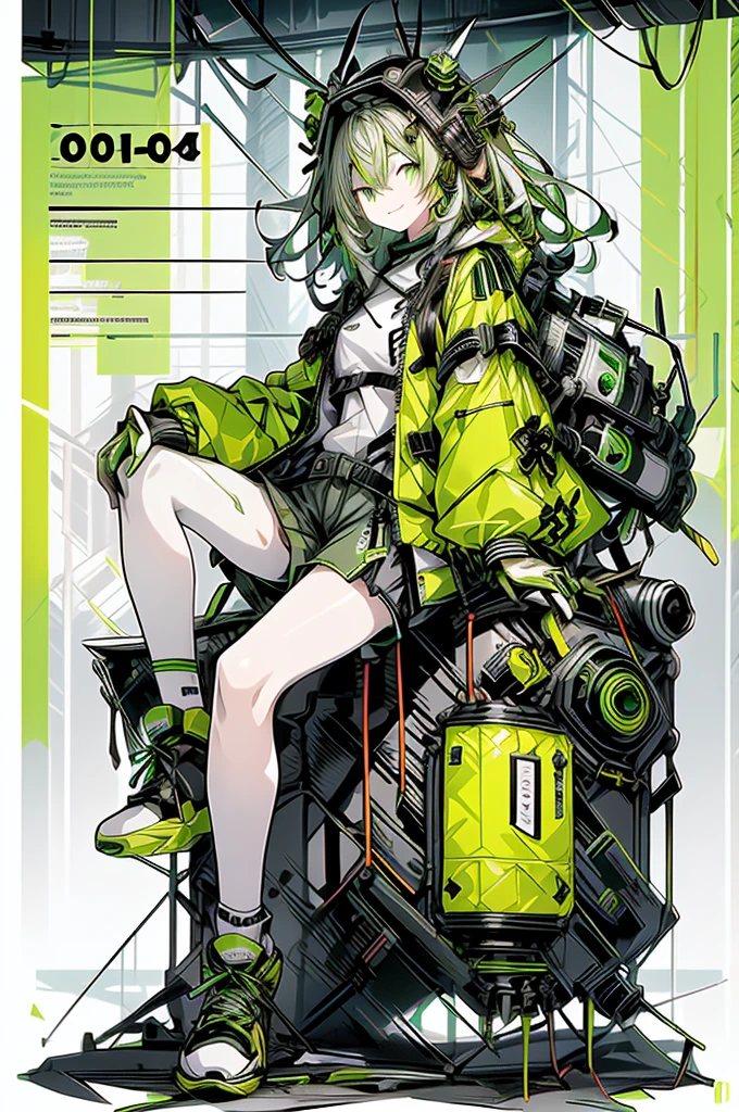 ((cute)), One girl, 一人in, Looking_in_Audience, smile, long green_hair, Simple_background, high detailed green eyes, full_body,Sitting, woman_concentrated, Open_Jacket, green_Jacket, headgear, green shorts, sneakers, gray_shirt, gloves, bag