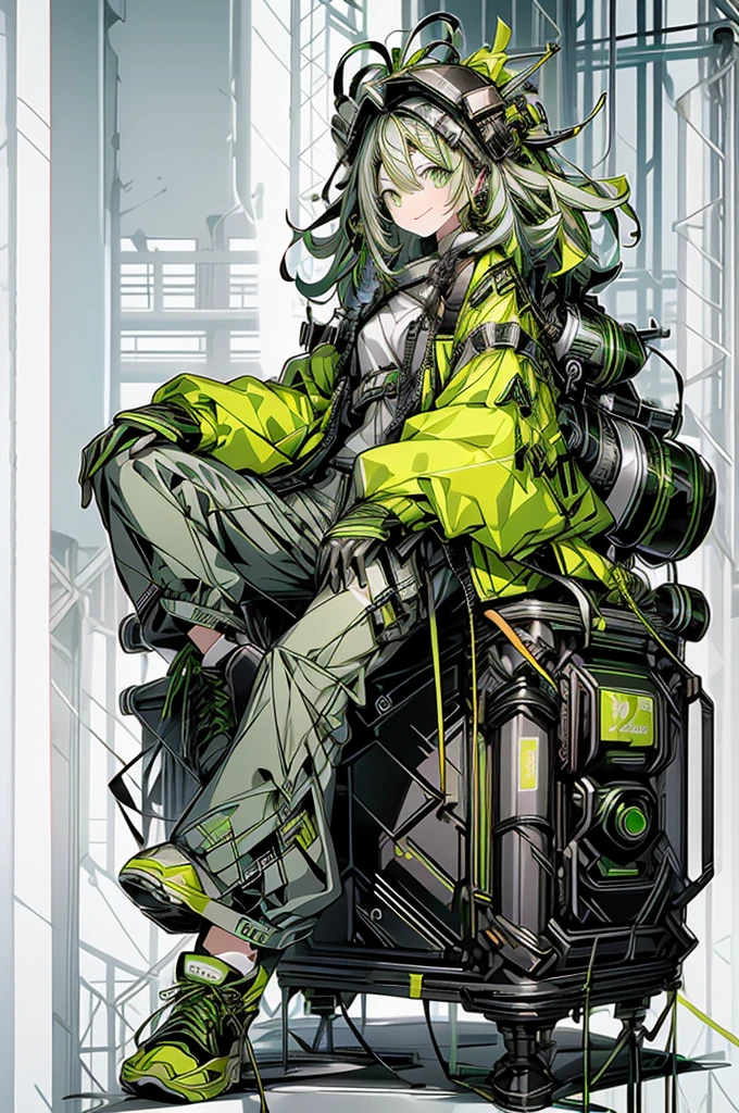 ((cute)), One girl, 一人in, Looking_in_Audience, smile, long green_hair, Simple_background, high detailed green eyes, full_body,Sitting, woman_concentrated, Open_Jacket, green_Jacket, headgear, green shorts, sneakers, gray_shirt, gloves, bag