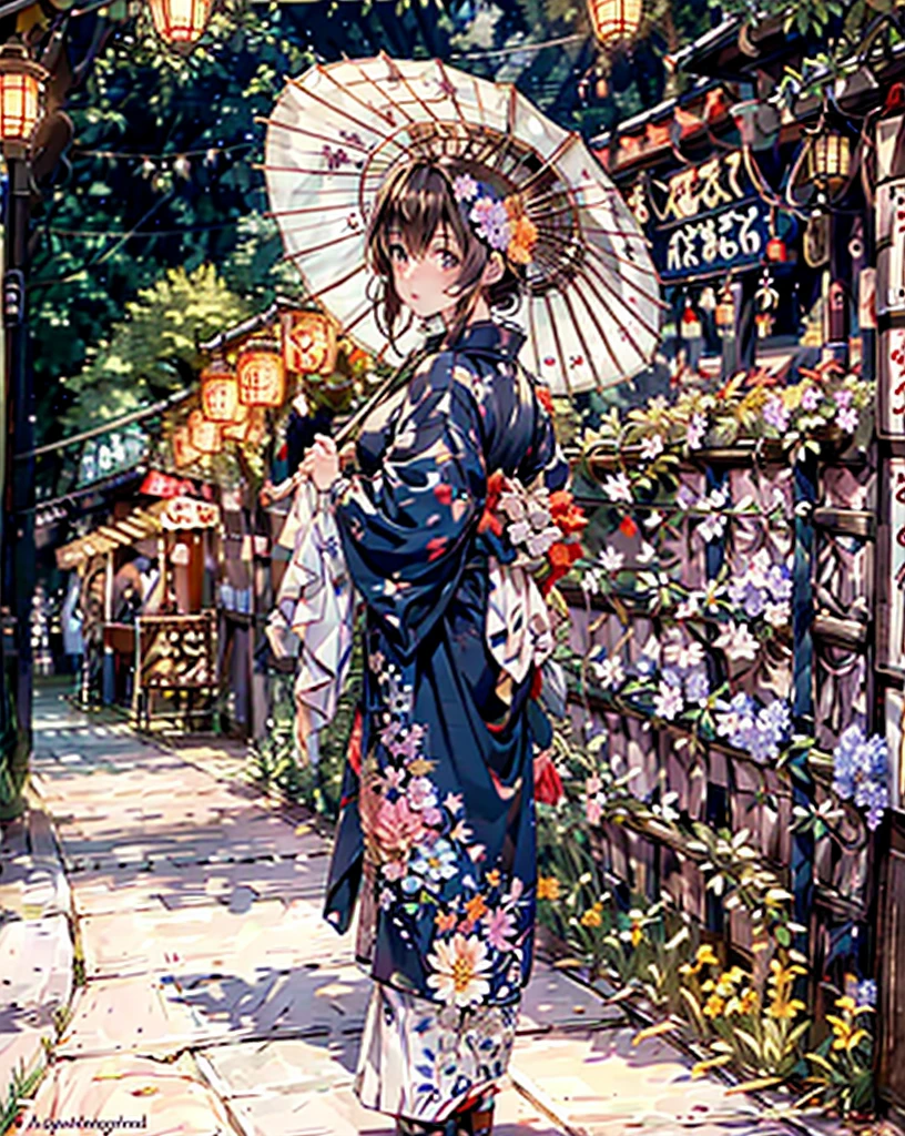 masterpiece, highest quality, Very detailed, shape, omatsuri, food stand, 1 girl, Beautiful Eyes, Looking at the audience, From behind, Cowboy Shot, please remember, yukata, wood, Outdoor,road, walk, crowd, night, lanthanum, festival, Hydrangea flower bed, food, Paved, 横断歩road, paper lanthanum, Street lamp post, Brown Hair, night sky, light rain,