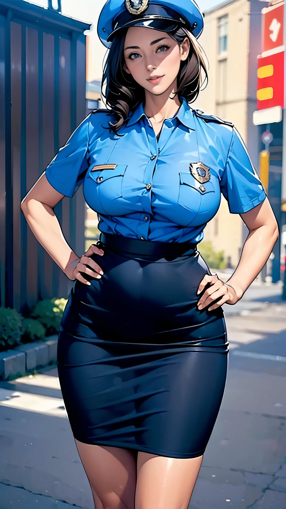 (masterpiece:1.2, highest quality), (Realistic, photoRealistic:1.4),Beautiful illustrations,(Natural Side Lighting, Cinema Lighting),1 female,Japanese,Mature Woman,Female police officer on patrol,48 years old,Perfect Face, Symmetrical face, Shiny skin,Random Hairstyles,Big eyes,Sexy Eyes,(smile),(whole body),break((Police Officer Shirt)),((A tight mini skirt made of very thin fabric)),(Police hat),(The background is a street corner:1.5),(((Background Blur:1.5))),((Police uniform)),BREAK(((front:1.5))),(((Hands on Hips))),(Beautiful drawing of a hand)