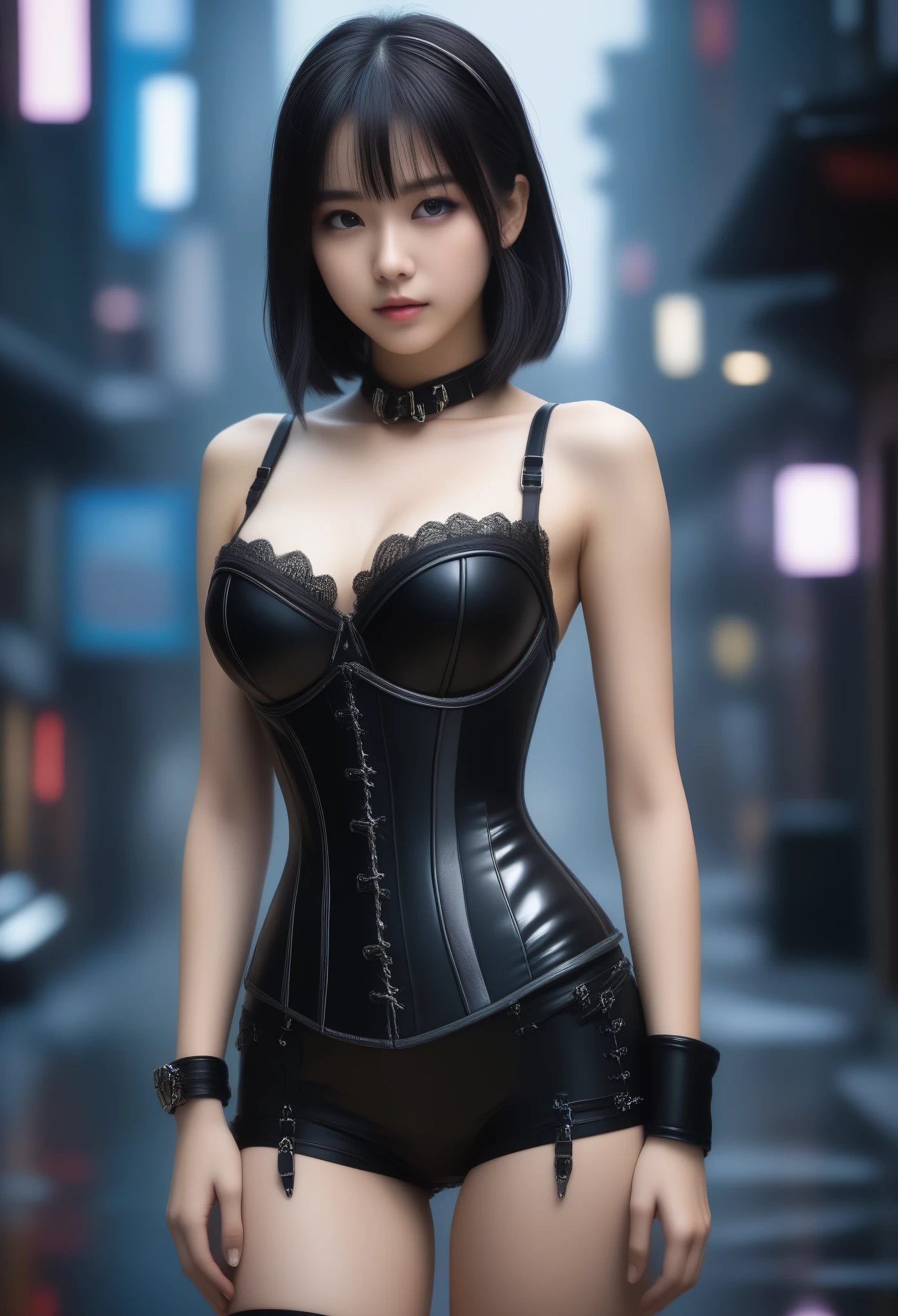 8k, Ultra-high resolution, highest quality, masterpiece, 三分割法によるphotograph,Surreal, photograph, 1 girl, (16 years old:1.3), pretty girl, Cute Face, Beautiful eyes in every detail, 細かくdetailedに,masterpiece,, One Girl:1.2, Japan Female Announcer,Cinematic Color Grading Film, dramatic scene, photograph撮影, kuru, artwork, Ultra Grande Angular, walking on the サイバーパンク cityscapes, photographウルトラフィナ, (Cyborg Arm:1.3), ( Leather lace-up corset and panties、garter belt,Shiny黒いシルクストッキング),((Bondage and Gothic Lolita)) ,Center of chest, Better Quality, Ultra-high resolution, Realistic, Volumetric Light, so beautiful, Half Body, Delicate face, Bright eyes, kuru photo, 1 girl, alone, 1 girl, (Herringbone top:1.3), (technology), technology do futuro, Future Scholars, Hologram Augmented Reality, (非常にdetailedな CG 8k ユニティの壁紙), 世界で最も美しいartworkの一つ, professional photograph撮影, Art Station Trends, CGsociety Trend, 複雑なdetailed, High detail, Sharp focus, dramatic, Realistic, , Shiny, (mais high quality:1.3), (Sharp focus:1.5), (Realistic:1.3), (非常にdetailedな肌), (detailedな顔), (非常にdetailedな肌:1.2), (Glowing Skin:1.2), Cyborg Arm, (非常にdetailedな肌 textures:1.15), (detailedな顔), (非常にdetailedな肌:1.2), (Glowing Skin:1.15), Shiny,, Cyberpunk Street, (night:1.2), fog, (rain:1.2), film grain, Shiny, Water reflection, Reel mechanism,Bold Pose,Looking at the audience、beauty,Long neck、Laugh a little、Please close your mouth and laugh、(((Ideal body type))),A-cup small breasts :2,、Portraiture:2、Perfect Anatomy、鮮明なdetailed、detailed、Surreal、Light and shadow,Strong light 