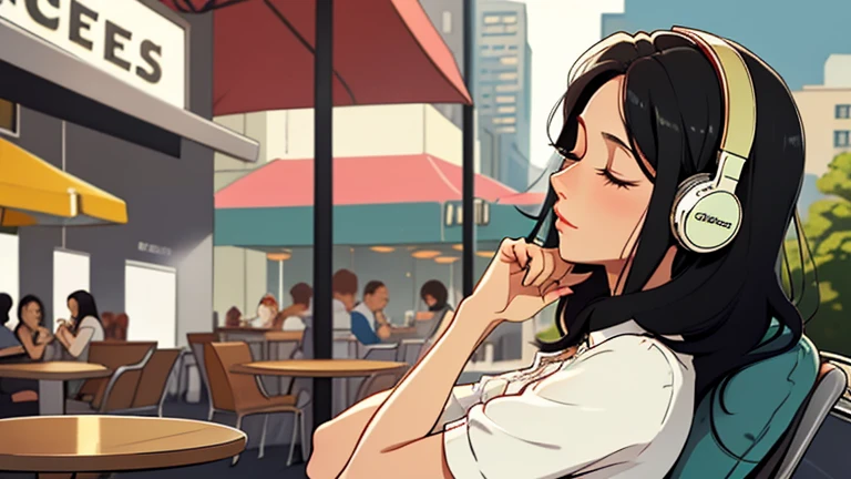 Beautiful woman in her 30s with black hair is sitting with headphones on the cafe terrace. Looking down, eyes closed, LOFI girl, alone in the room, blouse, relaxing mood, cozy, only five fingers, new york, Starbucks
