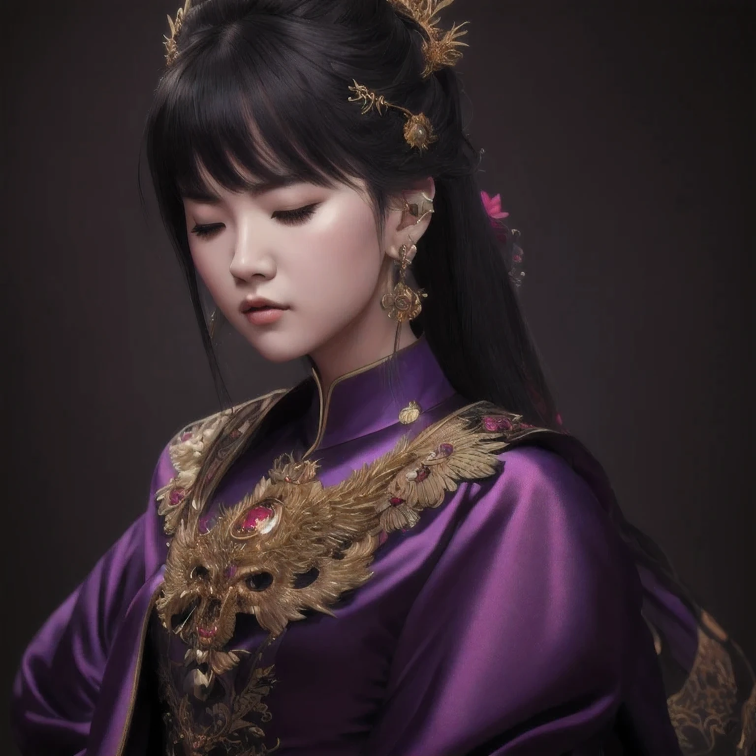 there is a 18 years old in a purple dress holding a dragon, wlop and ross tran, ross tran 8 k, fantasy art style, chengwei pan on artstation, a beautiful fantasy empress, ross tran and wlop, ruan jia and artgerm, the dragon girl portrait, ig model | artgerm, artgerm and ruan jia，beautiful
1girl
bangs
深绿 eyes
closed mouth
ear piercing
earrings
grey background
hair ornament
jewelry
lips
looking at viewer
military
military uniform
nose
piercing
portrait
realistic
short hair
simple background
solo
upper body