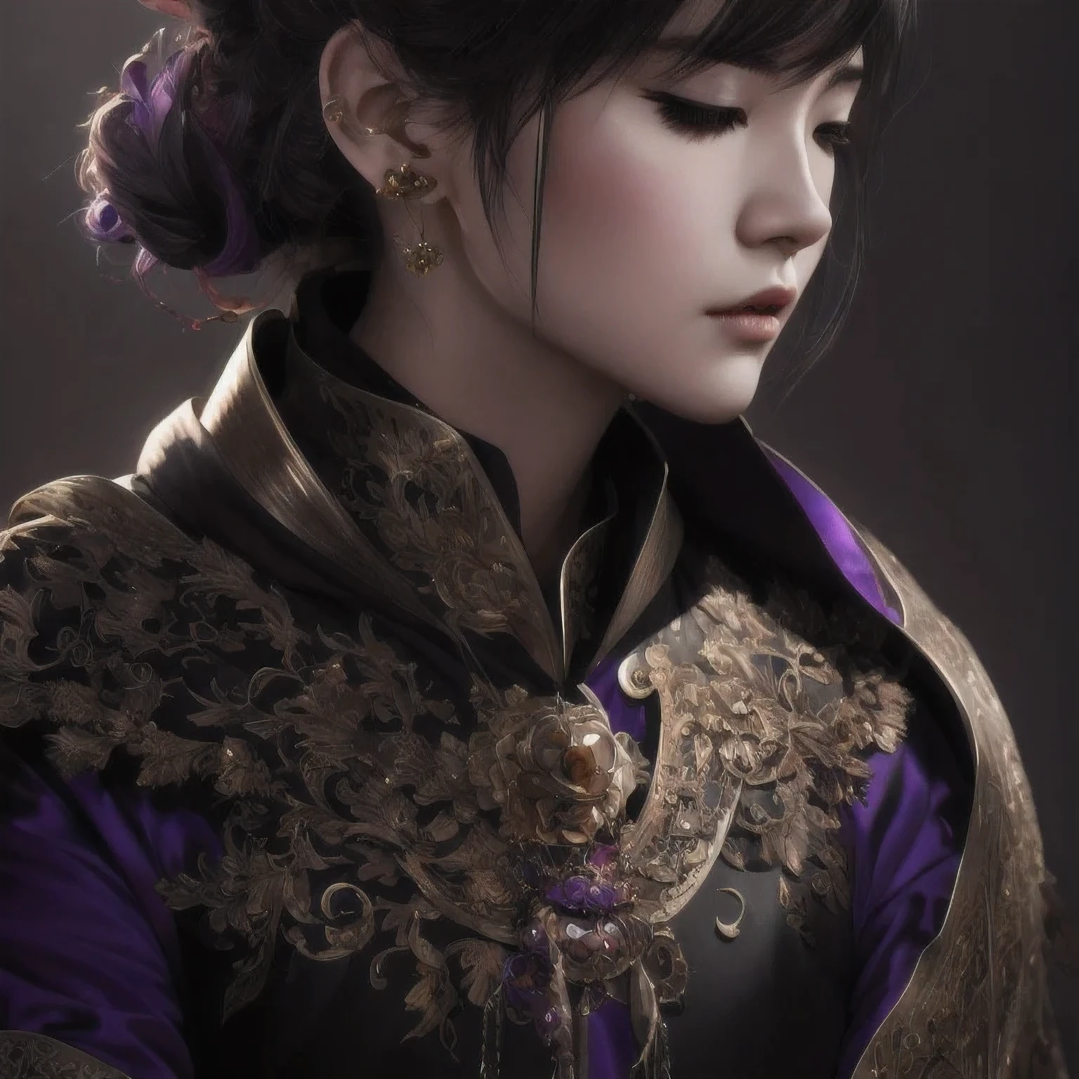 Disgusted Look,((Disgusted Look))there is a 18 years old in a purple dress holding a dragon, wlop and ross tran, ross tran 8 k, fantasy art style, chengwei pan on artstation, a beautiful fantasy empress, ross tran and wlop, ruan jia and artgerm, the dragon girl portrait, ig model | artgerm, artgerm and ruan jia，beautiful
1girl
bangs
深绿 eyes
closed mouth
ear piercing
earrings
grey background
hair ornament
jewelry
lips
looking at viewer
military
military uniform
nose
piercing
portrait
realistic
short hair
simple background
solo
upper body