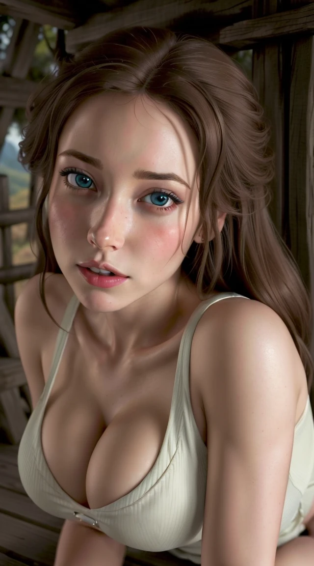 woman, ((Masterpiece, best quality)), detailed skin, highly detailed, cinematic lighting, ultra realistic, blush, looking at viewer, jane porter, jane from tarzan, disney, brown hair, blue eyes, long hair, portrait, kneeling, big breasts, cleavage, cum on face, ahegao face, wild scenery