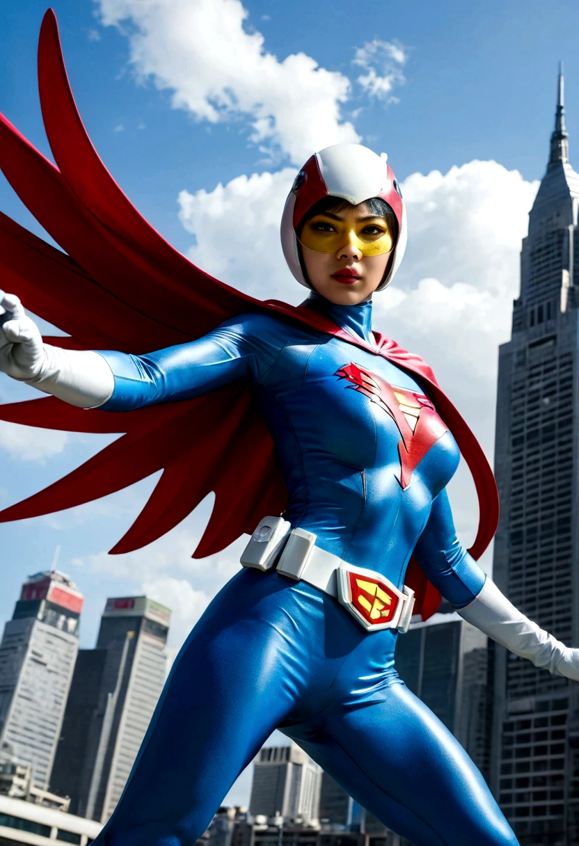 Gatchaman, (Masked superheroes), Iconic heroes, The Guardians of Earth, Science Ninja Team, (Stunning superheroes), (Vibrant colors), Space-themed costumes, Sleek gauntlets and helmets, Silver and blue agile figures, (Incredible detail), (Capital city backdrop), Defending humanity with courage, Spectacular pose, Iconic "KEN", "Joe", "Jun", "Kenichi", and "Jinpei", Patrolling the skies, Ready to battle the evil Galactor, Stunning visual treat, (Colorful animation), Formations of spark, breasts, giga_busty, Hi3JTS, full body shot from below