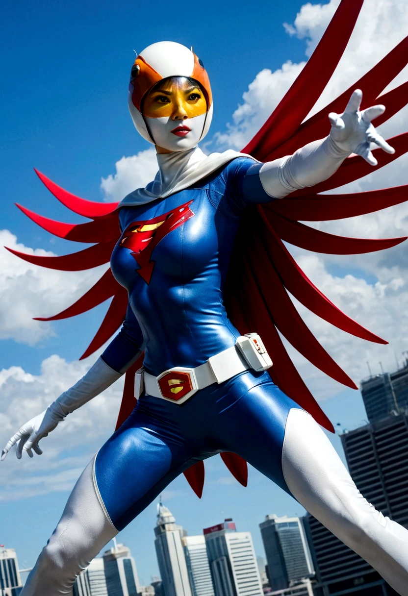 Gatchaman, (Masked superheroes), Iconic heroes, The Guardians of Earth, Science Ninja Team, (Stunning superheroes), (Vibrant colors), Space-themed costumes, Sleek gauntlets and helmets, Silver and blue agile figures, (Incredible detail), (Capital city backdrop), Defending humanity with courage, Spectacular pose, Iconic "KEN", "Joe", "Jun", "Kenichi", and "Jinpei", Patrolling the skies, Ready to battle the evil Galactor, Stunning visual treat, (Colorful animation), Formations of spark, breasts, giga_busty, Hi3JTS, full body shot from below