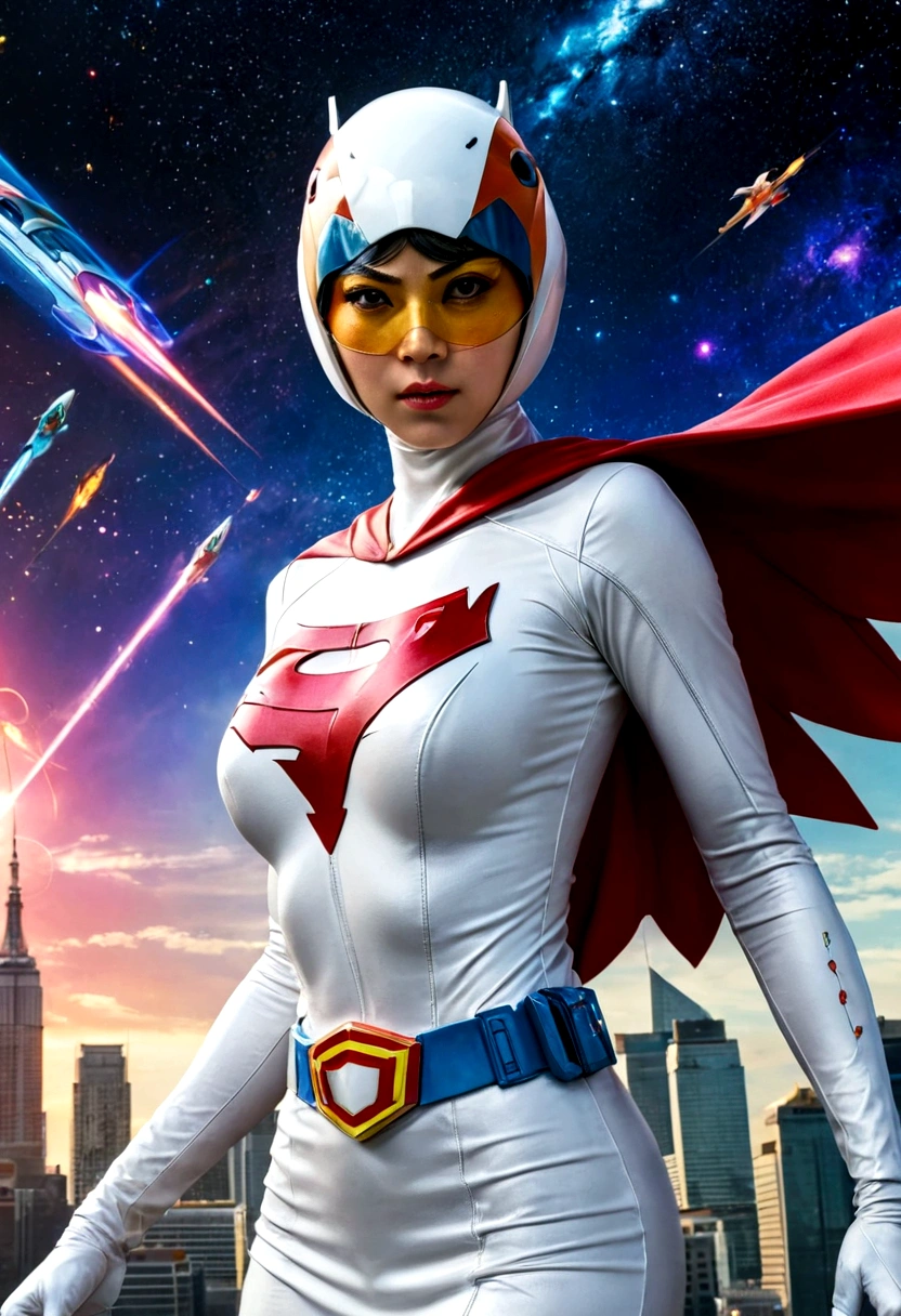 Gatchaman, (Masked superheroes), Iconic heroes, The Guardians of Earth, Science Ninja Team, (Stunning superheroes), (Vibrant colors), Space-themed costumes, Sleek gauntlets and helmets, Silver and blue agile figures, (Incredible detail), (Capital city backdrop), Defending humanity with courage, Spectacular pose, Iconic "KEN", "Joe", "Jun", "Kenichi", and "Jinpei", Patrolling the skies, Ready to battle the evil Galactor, Stunning visual treat, (Colorful animation), Formations of spark, breasts, giga_busty, Hi3JTS, full body shot from below