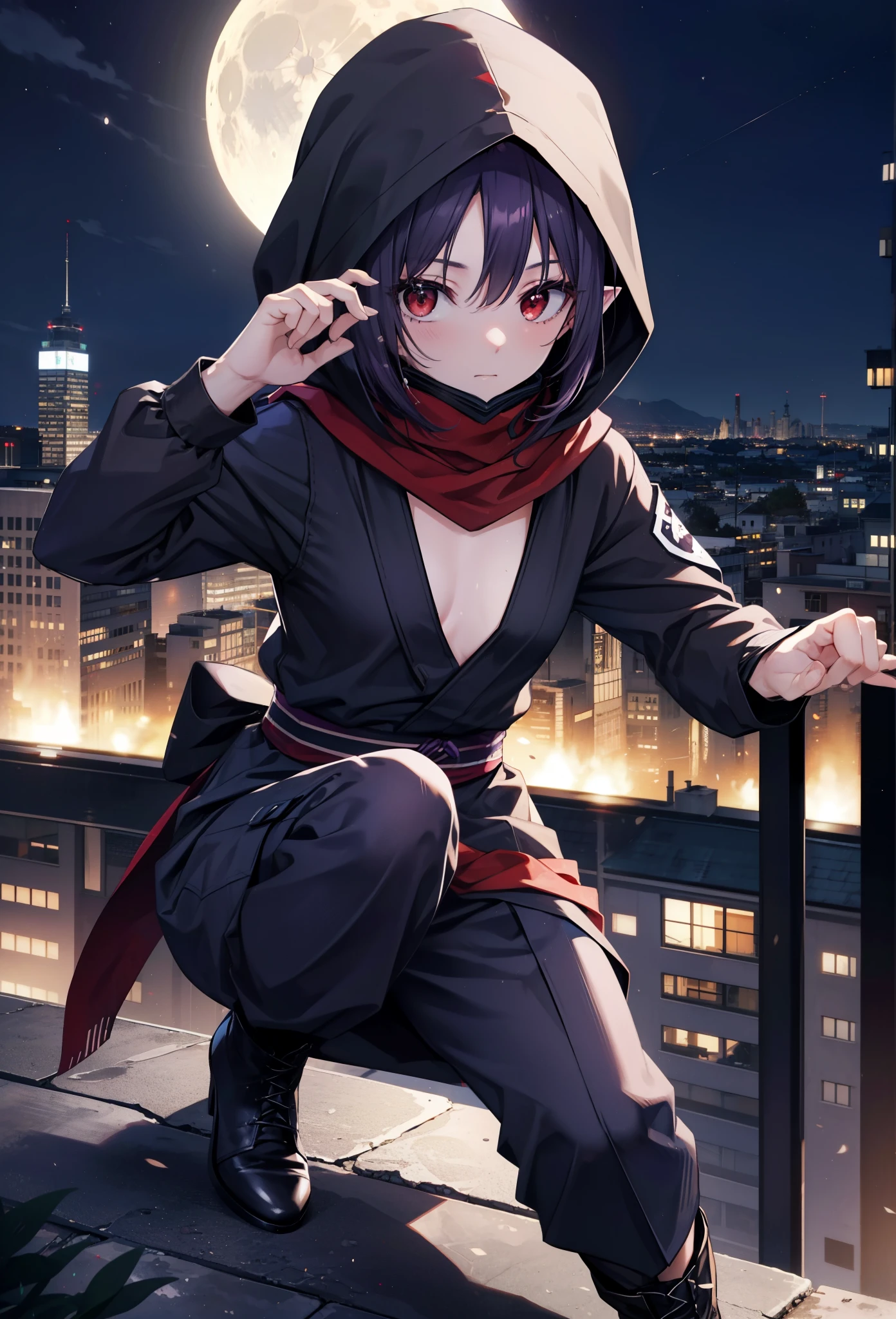 yuukikonno, Yuki Konno, hair band, Long Hair, Pointy Ears, Purple Hair, (Red eyes:1.5), (Small breasts:1.2),Hooded,cover your mouth with a black scarf,strict,black Ninja uniform,Ninja,black Ninja pants,short boots,Action pose,Overlooking the city from the roof of the building,moon,moon明かり,night,whole bodyがイラストに入るように,
break looking at viewer, whole body,
break outdoors ,Medieval European-style building,
break (masterpiece:1.2), highest quality, High resolution, unity 8k wallpaper, (shape:0.8), (Beautiful and beautiful eyes:1.6), Highly detailed face, Perfect lighting, Highly detailed CG, (Perfect hands, Perfect Anatomy),