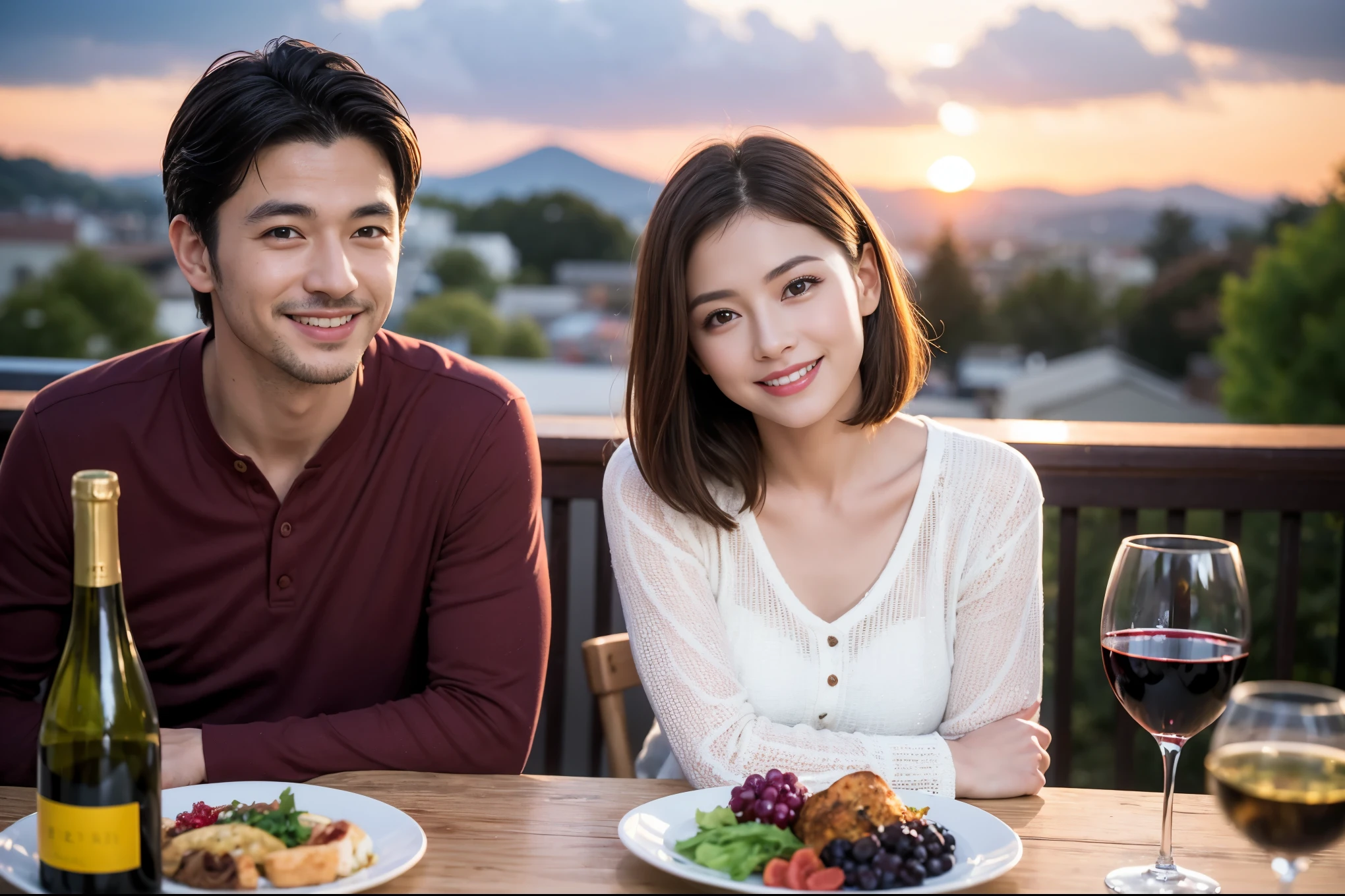 ((highest quality、8k、masterpiece:1.3))、 (Genuineistic, Genuine、Bright image、Intricate details:1.2), Best smile 1 man 1 woman、Beautiful Couple、spouse、Japanese couple、Lovers、actress、Model Couple、Smile、full-course dinner、 (Slim face), (The body is slim), (Brown Hair), (short hair), テーブルの上のwine glass、Please shine a light on my face、 Amazing view of the sunset sky and clouds、 (42 years old), 39 years old, red wine 、Appetizers、Wine bottle、sparkling wine、Long sleeve shirt、dress、White wine, red wine, wine glass,