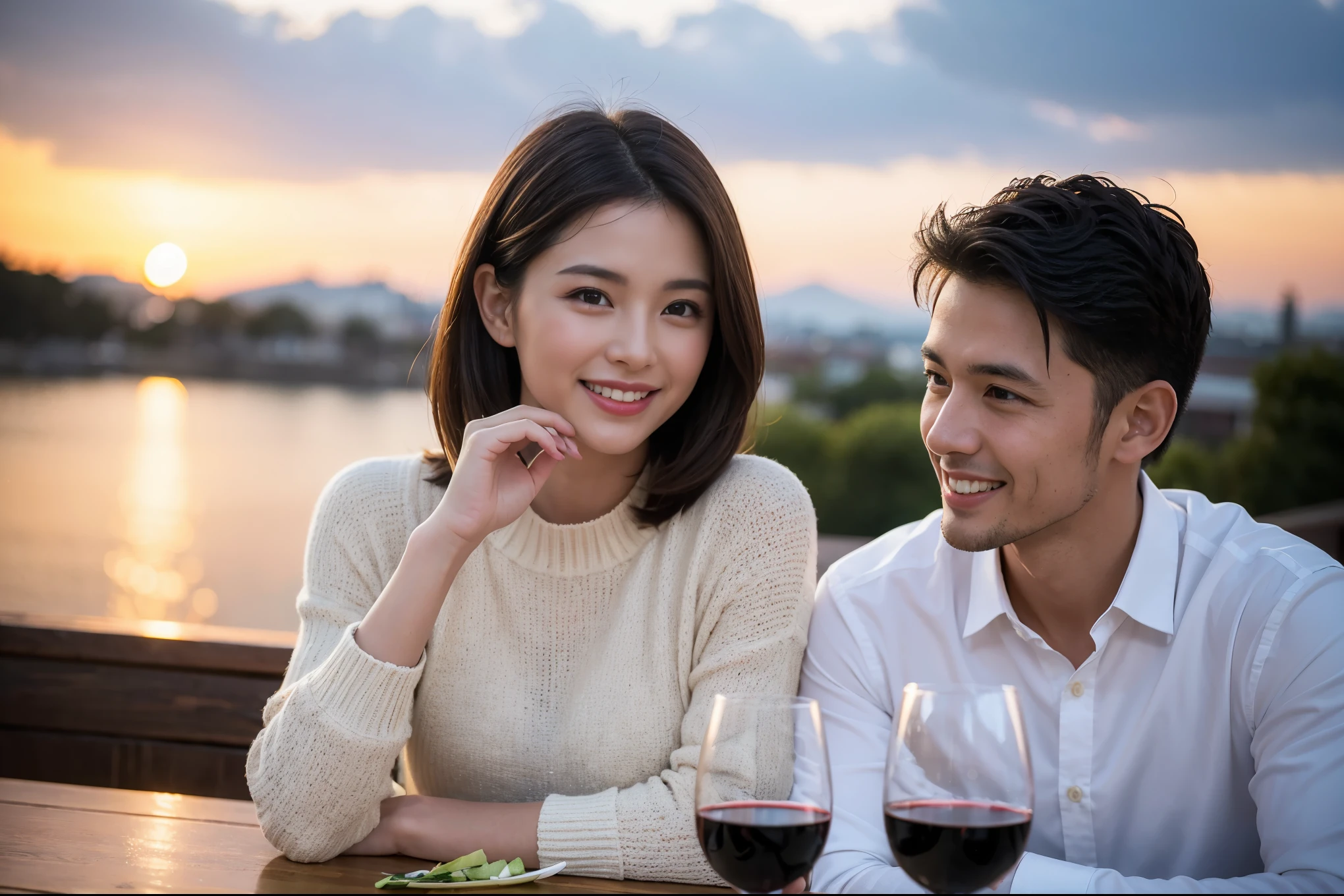 ((highest quality、8k、masterpiece:1.3))、 (Genuineistic, Genuine、Bright image、Intricate details:1.2), Best smile 1 man 1 woman、Beautiful Couple、spouse、Japanese couple、Lovers、actress、Model Couple、Smile、full-course dinner、 (Slim face), (The body is slim), (Brown Hair), (short hair), テーブルの上のwine glass、Please shine a light on my face、 Amazing view of the sunset sky and clouds、 (42 years old), 39 years old, red wine 、Appetizers、Wine bottle、sparkling wine、Long sleeve shirt、dress、White wine, red wine, wine glass,