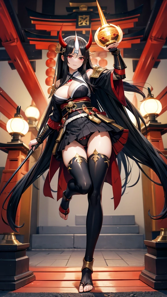 woman with long straight black hair，Demon horn，Japan Armor，Hand guard，briefs，cleavage，Bare Legs，black stockings，barefoot，Japanese Shrines