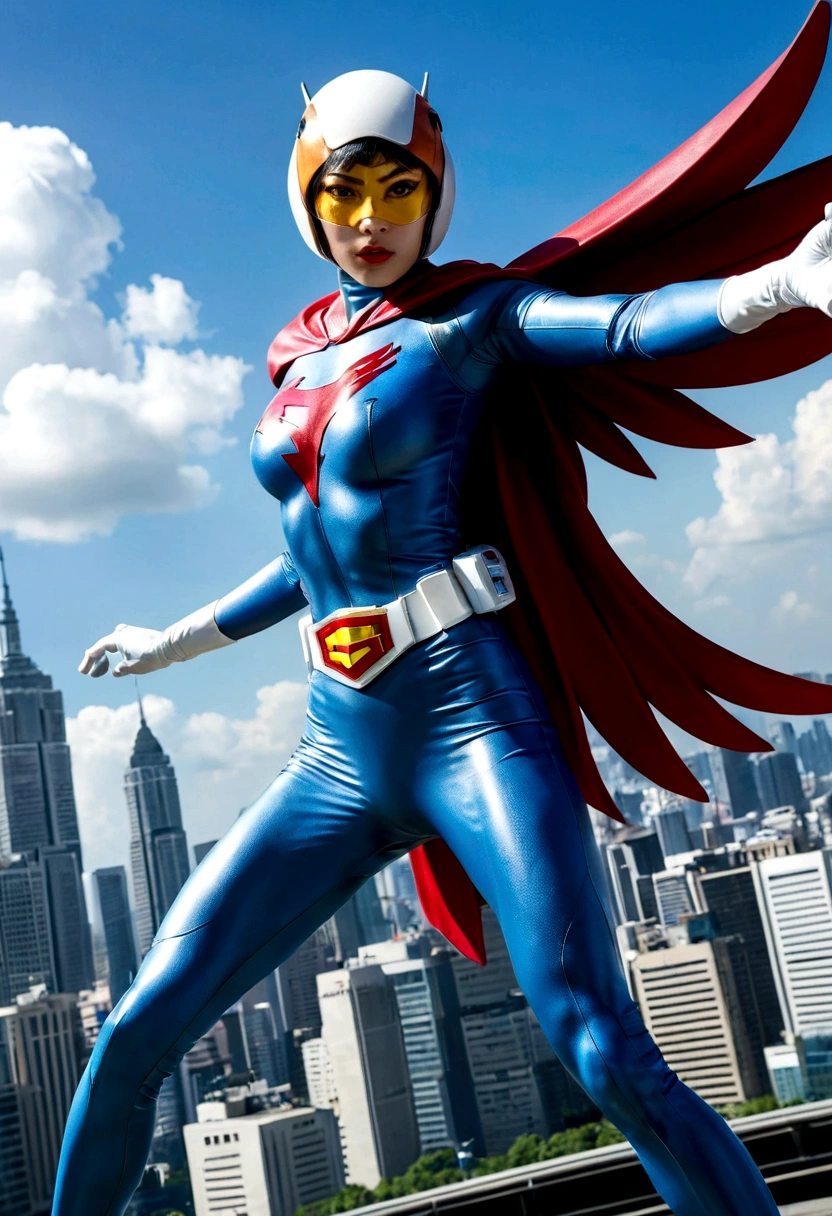 Gatchaman, (Masked superheroes), Iconic heroes, The Guardians of Earth, Science Ninja Team, (Stunning superheroes), (Vibrant colors), Space-themed costumes, Sleek gauntlets and helmets, Silver and blue agile figures, (Incredible detail), (Capital city backdrop), Defending humanity with courage, Spectacular pose, Iconic "KEN", "Joe", "Jun", "Kenichi", and "Jinpei", Patrolling the skies, Ready to battle the evil Galactor, Stunning visual treat, (Colorful animation), Formations of spark, breasts, giga_busty, Hi3JTS, full body shot from front