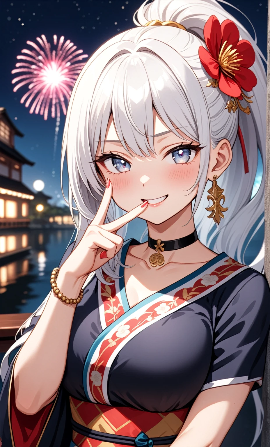 (((best quality)), ((masterpiece)), (details), masterpiece, best quality, high quality, ulutra detailed, perfect face, ((1girl, blue eyes, cat ears: 1.ilver bob hair: 2.5,)) 、Shiny Hair、Glowing Skin、blush、Lustful look、Small breasts、I can see your toned stomach、China dress、Alluring expression,An inviting body、Hot flashes、Small breasts,valley、Sidetiletto heels、Festivals、firework