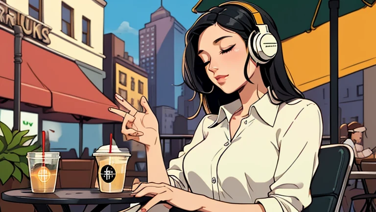 Beautiful woman in her 30s with black hair is sitting with headphones on the cafe terrace. Looking down, eyes closed, LOFI girl, alone in the room, blouse, relaxing mood, cozy, only five fingers, new york, Starbucks