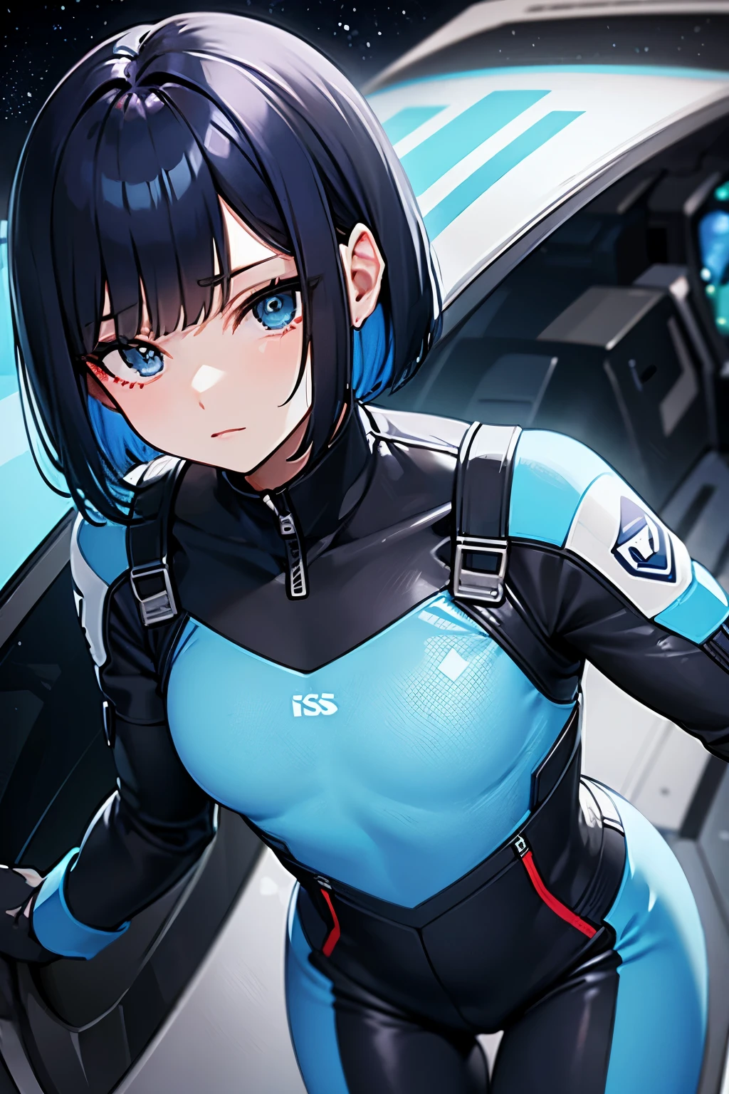 Short Bob Hair、Blue inner color、Black Hair、Crisp look、Spacesuit