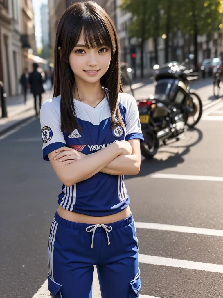 (8k, RAW Photos, highest quality, masterpiece:1.2), (Realistic, photo-Realistic:1.4), (Highly detailed 8k wallpaper), ((Full Body Shot)), (1 girl), Sharp focus, Depth of written boundary, Cinematic lighting, Soft Light, 緻密な美しさのeye, eye_Chan, Very beautiful 17 year old girl, innocent big eyes, Realistic, photo Realistic, Highly detailed cute girl, (Thin thighs), (Model Body Type), 18-year-old, (((Chelsea Soccer Jersey))), ((Cargo long pants)), (((Fold your arms in front of your chest and act arrogantly))), ((A happy smile)), Parted lips, Watching the audience, (On the streets of London) , (Brown Hair),(Long Bob Hair), (Asymmetrical bangs)